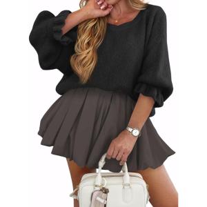 imageCicy Bell Womens Oversized Sweater Tops Crewneck Ruffle Puff Sleeve Knit Fall Sweaters Loose Fit Trendy Pullover TopBlack