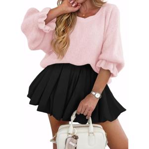 imageCicy Bell Womens Oversized Sweater Tops Crewneck Ruffle Puff Sleeve Knit Fall Sweaters Loose Fit Trendy Pullover TopPink
