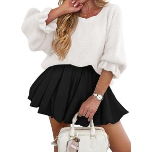 imageCicy Bell Womens Oversized Sweater Tops Crewneck Ruffle Puff Sleeve Knit Fall Sweaters Loose Fit Trendy Pullover TopWhite