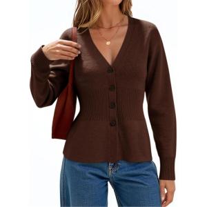 imageCicy Bell Womens V Neck Cardigan Sweaters Long Sleeve Cinched Waist Knit Tops Dressy Casual Button Up Fitted OuterwearBrown