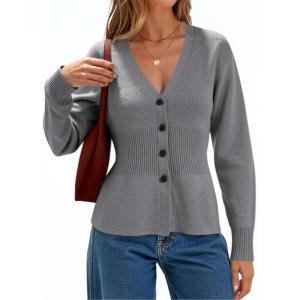 imageCicy Bell Womens V Neck Cardigan Sweaters Long Sleeve Cinched Waist Knit Tops Dressy Casual Button Up Fitted OuterwearGrey