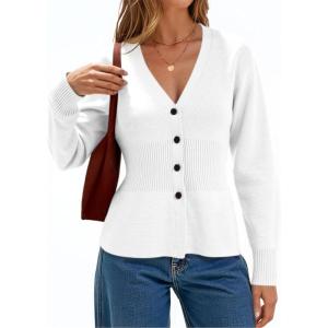 imageCicy Bell Womens V Neck Cardigan Sweaters Long Sleeve Cinched Waist Knit Tops Dressy Casual Button Up Fitted OuterwearWhite