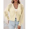 imageCicy Bell Womens Cropped Crochet Cardigans Hollow Out Button Down Lantern Sleeve Knit Sweaters Casual Mesh Loose Fit Cover UpApricot