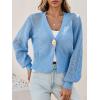 imageCicy Bell Womens Cropped Crochet Cardigans Hollow Out Button Down Lantern Sleeve Knit Sweaters Casual Mesh Loose Fit Cover UpBlue