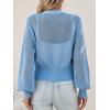 imageCicy Bell Womens Cropped Crochet Cardigans Hollow Out Button Down Lantern Sleeve Knit Sweaters Casual Mesh Loose Fit Cover UpBlue