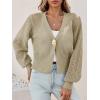 imageCicy Bell Womens Cropped Crochet Cardigans Hollow Out Button Down Lantern Sleeve Knit Sweaters Casual Mesh Loose Fit Cover UpKhaki