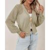 imageCicy Bell Womens Cropped Crochet Cardigans Hollow Out Button Down Lantern Sleeve Knit Sweaters Casual Mesh Loose Fit Cover UpKhaki