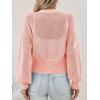 imageCicy Bell Womens Cropped Crochet Cardigans Hollow Out Button Down Lantern Sleeve Knit Sweaters Casual Mesh Loose Fit Cover UpPink