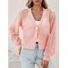 imageCicy Bell Womens Cropped Crochet Cardigans Hollow Out Button Down Lantern Sleeve Knit Sweaters Casual Mesh Loose Fit Cover UpPink