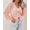 imageCicy Bell Womens Cropped Crochet Cardigans Hollow Out Button Down Lantern Sleeve Knit Sweaters Casual Mesh Loose Fit Cover UpPink