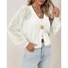 imageCicy Bell Womens Cropped Crochet Cardigans Hollow Out Button Down Lantern Sleeve Knit Sweaters Casual Mesh Loose Fit Cover UpWhite