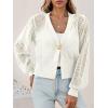 imageCicy Bell Womens Cropped Crochet Cardigans Hollow Out Button Down Lantern Sleeve Knit Sweaters Casual Mesh Loose Fit Cover UpWhite