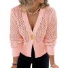imageCicy Bell Womens Cropped Crochet Cardigans Hollow Out Button Down Lantern Sleeve Knit Sweaters Casual Mesh Loose Fit Cover UpPink