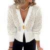 imageCicy Bell Womens Cropped Crochet Cardigans Hollow Out Button Down Lantern Sleeve Knit Sweaters Casual Mesh Loose Fit Cover UpWhite