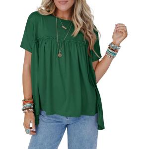 imageCicy Bell Women Summer Babydoll Tops Pleated Short Sleeve Crew Neck Peplum Blouse Casual Loose Fit T ShirtsDark Green