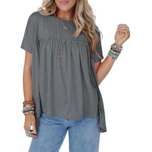 imageCicy Bell Women Summer Babydoll Tops Pleated Short Sleeve Crew Neck Peplum Blouse Casual Loose Fit T ShirtsDark Grey