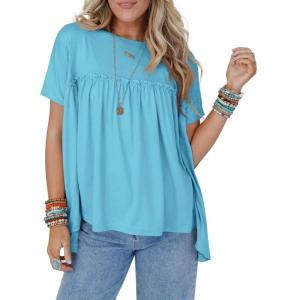 imageCicy Bell Women Summer Babydoll Tops Pleated Short Sleeve Crew Neck Peplum Blouse Casual Loose Fit T ShirtsLake Blue