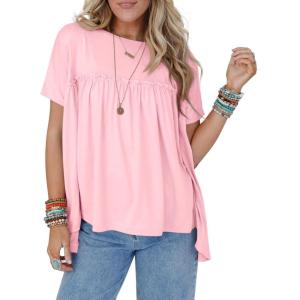 imageCicy Bell Women Summer Babydoll Tops Pleated Short Sleeve Crew Neck Peplum Blouse Casual Loose Fit T ShirtsLight Pink