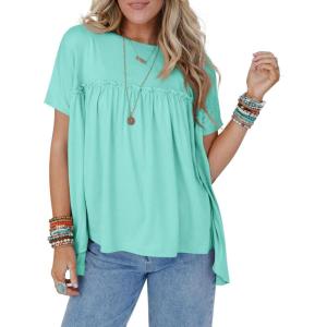 imageCicy Bell Women Summer Babydoll Tops Pleated Short Sleeve Crew Neck Peplum Blouse Casual Loose Fit T ShirtsMint