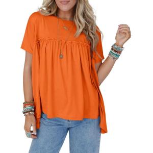 imageCicy Bell Women Summer Babydoll Tops Pleated Short Sleeve Crew Neck Peplum Blouse Casual Loose Fit T ShirtsOrange
