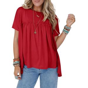 imageCicy Bell Women Summer Babydoll Tops Pleated Short Sleeve Crew Neck Peplum Blouse Casual Loose Fit T ShirtsRed