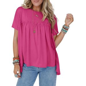 imageCicy Bell Women Summer Babydoll Tops Pleated Short Sleeve Crew Neck Peplum Blouse Casual Loose Fit T ShirtsRose Red