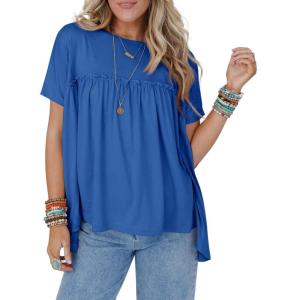 imageCicy Bell Women Summer Babydoll Tops Pleated Short Sleeve Crew Neck Peplum Blouse Casual Loose Fit T ShirtsRoyal Blue