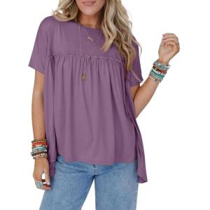 imageCicy Bell Women Summer Babydoll Tops Pleated Short Sleeve Crew Neck Peplum Blouse Casual Loose Fit T ShirtsViolet