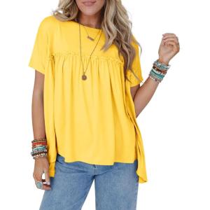 imageCicy Bell Women Summer Babydoll Tops Pleated Short Sleeve Crew Neck Peplum Blouse Casual Loose Fit T ShirtsYellow