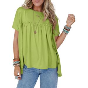 imageCicy Bell Women Summer Babydoll Tops Pleated Short Sleeve Crew Neck Peplum Blouse Casual Loose Fit T ShirtsYellowgreen