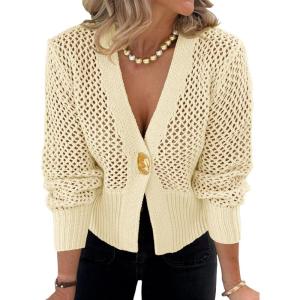 imageCicy Bell Womens Cropped Crochet Cardigans Hollow Out Button Down Lantern Sleeve Knit Sweaters Casual Mesh Loose Fit Cover UpApricot