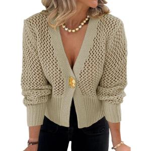 imageCicy Bell Womens Cropped Crochet Cardigans Hollow Out Button Down Lantern Sleeve Knit Sweaters Casual Mesh Loose Fit Cover UpKhaki