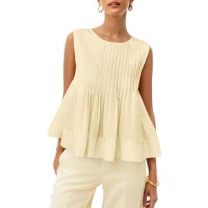 imageCicy Bell Womens Pleated Babydoll Tank Tops Summer Peplum Sleeveless Cotton Blouses Loose Fit Flowy ShirtsBeige
