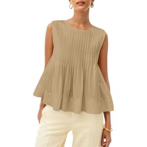 imageCicy Bell Womens Pleated Babydoll Tank Tops Summer Peplum Sleeveless Cotton Blouses Loose Fit Flowy ShirtsKhaki