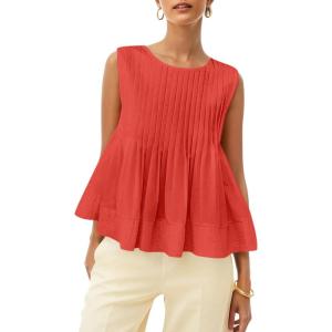 imageCicy Bell Womens Pleated Babydoll Tank Tops Summer Peplum Sleeveless Cotton Blouses Loose Fit Flowy ShirtsRed