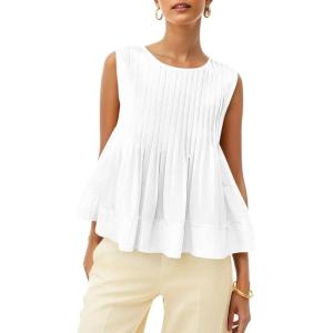 imageCicy Bell Womens Pleated Babydoll Tank Tops Summer Peplum Sleeveless Cotton Blouses Loose Fit Flowy ShirtsWhite