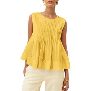 imageCicy Bell Womens Pleated Babydoll Tank Tops Summer Peplum Sleeveless Cotton Blouses Loose Fit Flowy ShirtsYellow