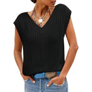 imageCicy Bell Womens Ribbed Cap Sleeve Tank Tops V Neck Knit Summer Casual Shirts Lightweight Pullover Sweater VestBlack
