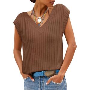 imageCicy Bell Womens Ribbed Cap Sleeve Tank Tops V Neck Knit Summer Casual Shirts Lightweight Pullover Sweater VestBrown