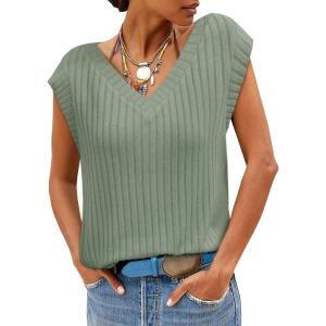 imageCicy Bell Womens Ribbed Cap Sleeve Tank Tops V Neck Knit Summer Casual Shirts Lightweight Pullover Sweater VestGreen