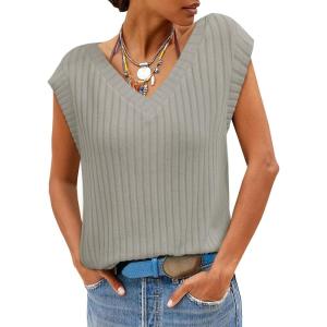 imageCicy Bell Womens Ribbed Cap Sleeve Tank Tops V Neck Knit Summer Casual Shirts Lightweight Pullover Sweater VestGrey
