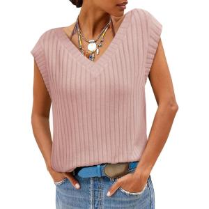 imageCicy Bell Womens Ribbed Cap Sleeve Tank Tops V Neck Knit Summer Casual Shirts Lightweight Pullover Sweater VestPink