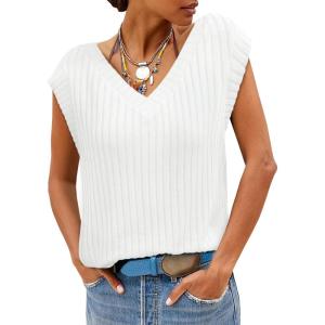 imageCicy Bell Womens Ribbed Cap Sleeve Tank Tops V Neck Knit Summer Casual Shirts Lightweight Pullover Sweater VestWhite