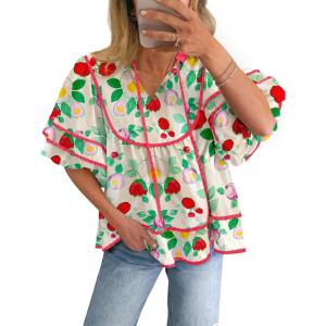 imageCicy Bell Womens Summer Floral Babydoll Tops V Neck Short Lantern Sleeve Shirts Cute Loose Fit Flowy BlousesFloral Beige