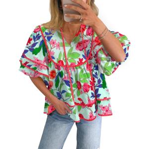imageCicy Bell Womens Summer Floral Babydoll Tops V Neck Short Lantern Sleeve Shirts Cute Loose Fit Flowy BlousesFloral Green