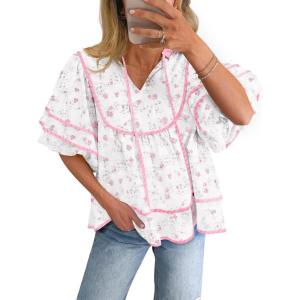 imageCicy Bell Womens Summer Floral Babydoll Tops V Neck Short Lantern Sleeve Shirts Cute Loose Fit Flowy BlousesFloral Light Pink