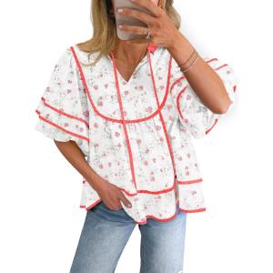imageCicy Bell Womens Summer Floral Babydoll Tops V Neck Short Lantern Sleeve Shirts Cute Loose Fit Flowy BlousesFloral Red