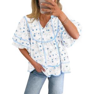 imageCicy Bell Womens Summer Floral Babydoll Tops V Neck Short Lantern Sleeve Shirts Cute Loose Fit Flowy BlousesFloral Sky Blue