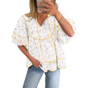imageCicy Bell Womens Summer Floral Babydoll Tops V Neck Short Lantern Sleeve Shirts Cute Loose Fit Flowy BlousesFloral Yellow