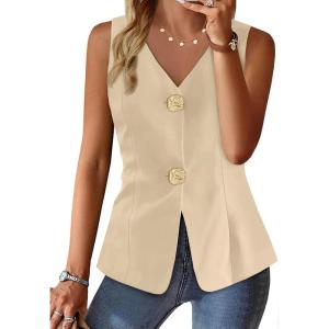 imageCicy Bell Womens Summer V Neck Vest Tops Button up Sleeveless Casual Waistcoat Business Fitted Blazer vestApricot
